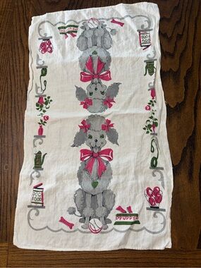 Vintage Puppy Print Kitchen Tea Towel - Pink & Gray